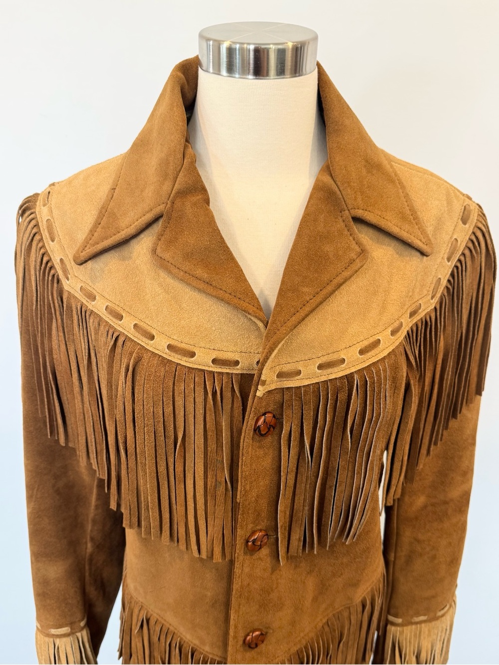 Vintage Pioneer Wear Genuine Leather Suede Fringe Two Tone Brown 70s Jacket Coat - Picture 6 of 12